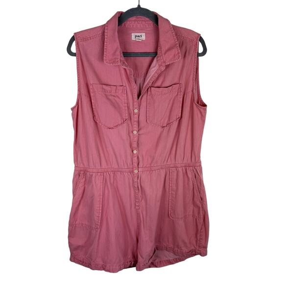 Pact Pink 100% Organic Cotton Sleeveless Collared Shorts Romper Pockets Size L - Picture 2 of 9